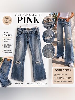 Victoria’s Secret PINK Y2K Low Rise Flare Jeans Distressed Wide Leg Vintage, 4